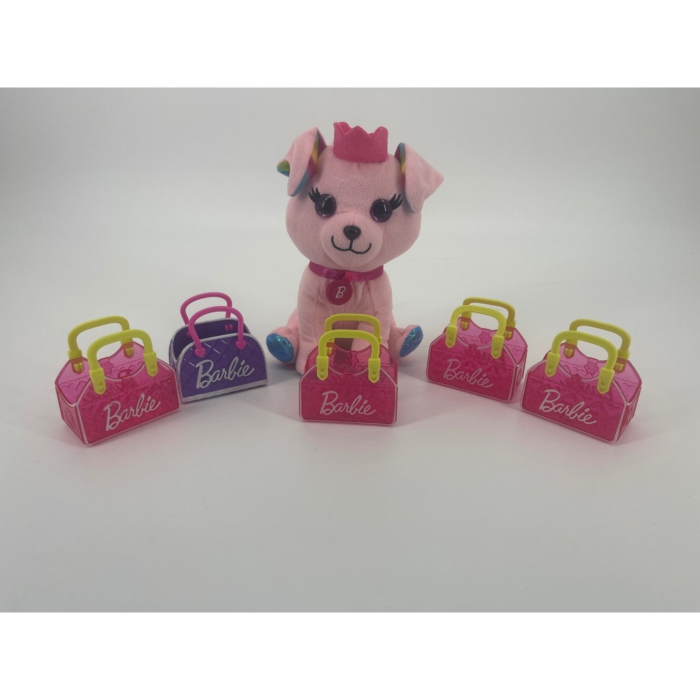 Barbie Pets Pink Plush Puppy Dog with 5 Plastic Carrier Bags Toy Lot Set 7"